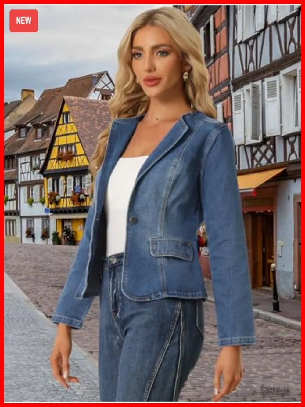 Collarless Cropped Jean Jacket Lightweight Stretchy One Button Denim Blazer
